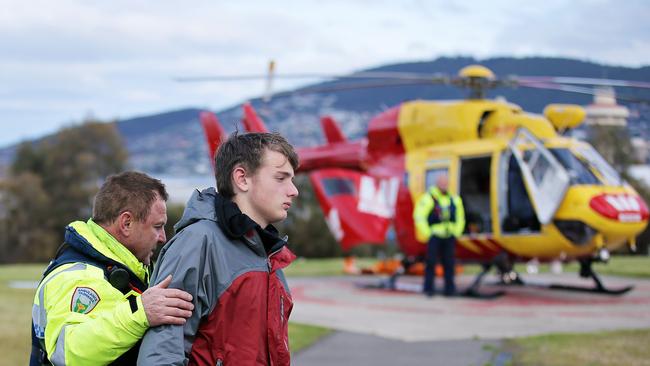 Stephen Ward after being rescued from Nine Mile Creek, in the Lake Pedder area of Tasmania’s South-West Wilderness. Picture: RICHARD JUPE