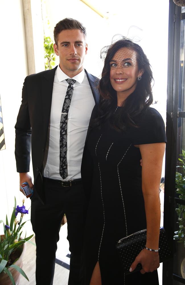 Shain Hampson and Megan Gale in the Birdcage at Derby Day 2014. Picture: Bradley Hunter