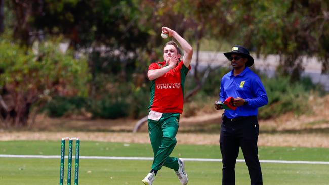 Jesse Willmott bowls for Tasmania at the Cricket Australia Under 19 National Championships. Picture: Supplied.