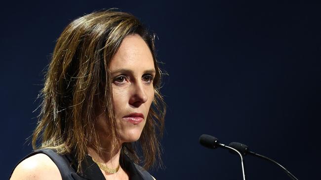 MELBOURNE, AUSTRALIA - NOVEMBER 25: Kelly Ryan, Netball Australia CEO speaks during the 2023 Australian Netball Awards at The Forum on November 25, 2023 in Melbourne, Australia. (Photo by Graham Denholm/Getty Images)