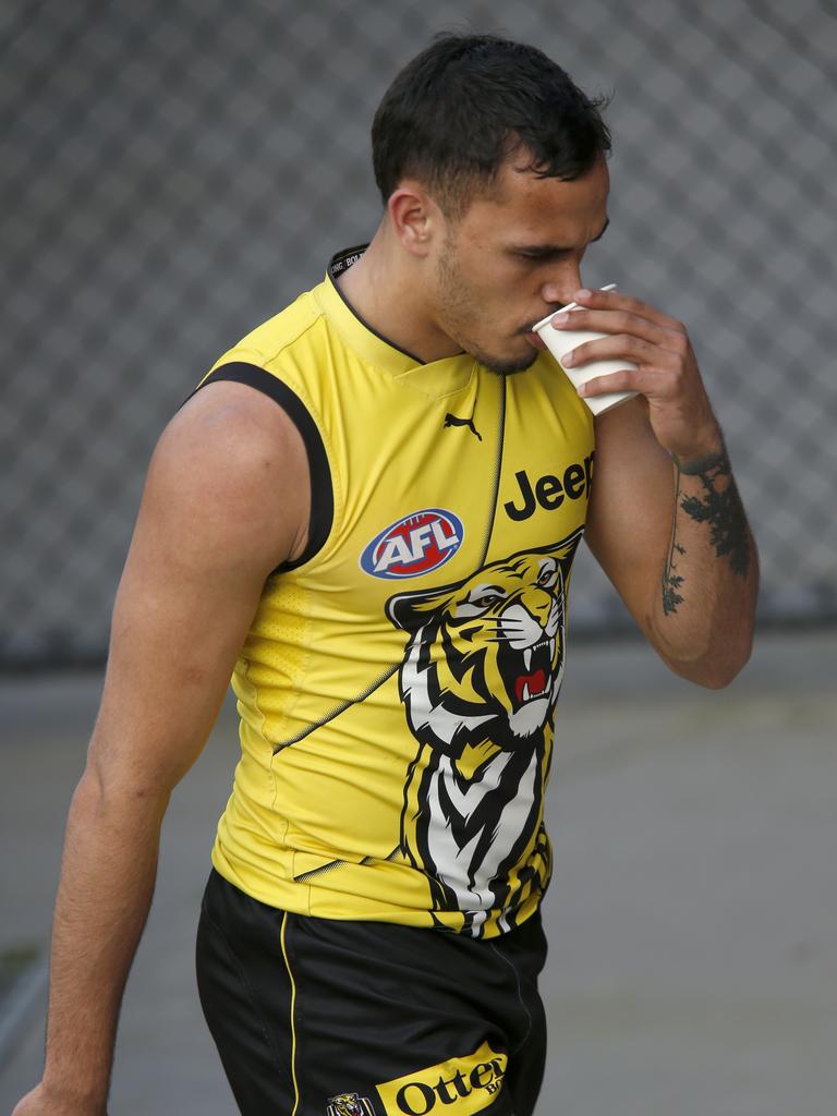 Sydney Stack heads from the track early during Richmond’s Thursday training session. Picture: Getty Images