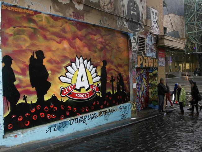 ANZAC street art in Hosier Lane ahead of the ANZAC Day March in 2015. Picture: Hamish Blair