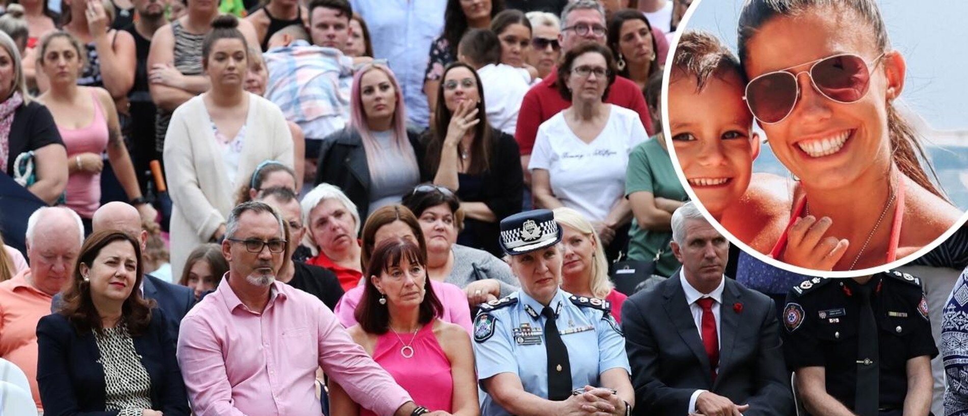 Premier Annastacia Palaszczuk sitting alongside Lloyd and Suzanne Clarke, parents to Hannah Clarke, at a vigil to remember the murdered mother last month. Picture: Supplied