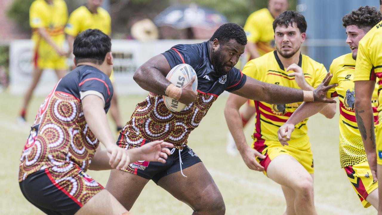 Sailasa Cakau on the move for Toowoomba Warriors against Kambu Warriors at the Toowoomba Warriors Reconciliation Carnival rugby league at Jack Martin Centre, Saturday, January 27, 2024. Picture: Kevin Farmer