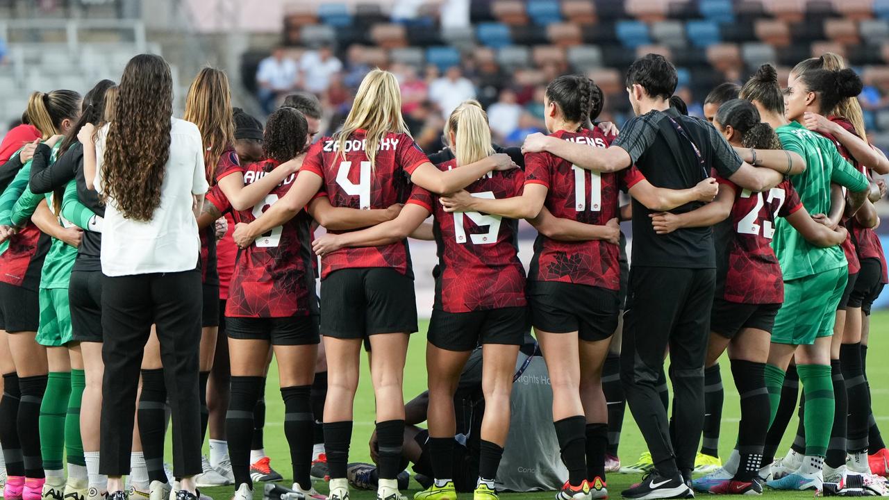 The Canada Womens National Team huddles following a Group C - 2024 Concacaf W Gold Cup game against Paraguay at Shell Energy Stadium on February 25, 2024 in Houston, Texas. (Photo by Alex Bierens de Haan/Getty Images)