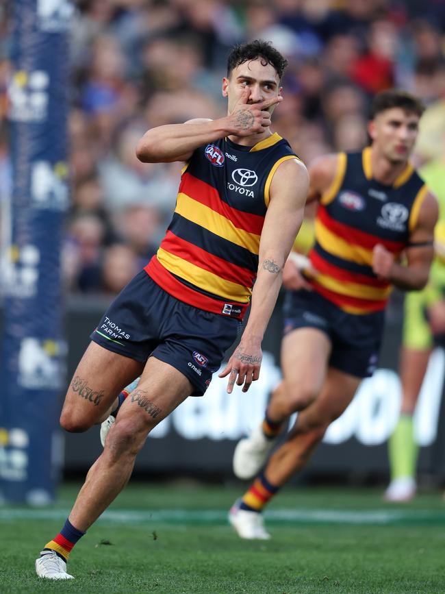 Rankine celebrates a goal against West Coast at Adelaide Oval last year. Picture: Sarah Reed/AFL Photos via Getty Images