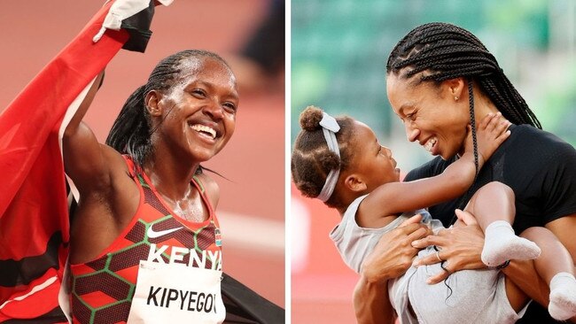 Faith Kipyegon (left) and Allyson Felix (right with daughter Camryn) are two record-breaking mums.