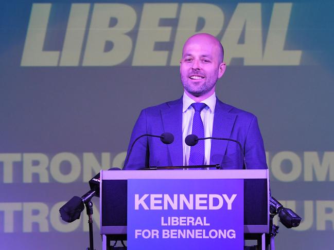 The candidate for Bennelong Simon Kennedy making his campaign debut at Ryde Eastwood Leagues Club last month. Picture: NCA NewsWire / Simon Bullard