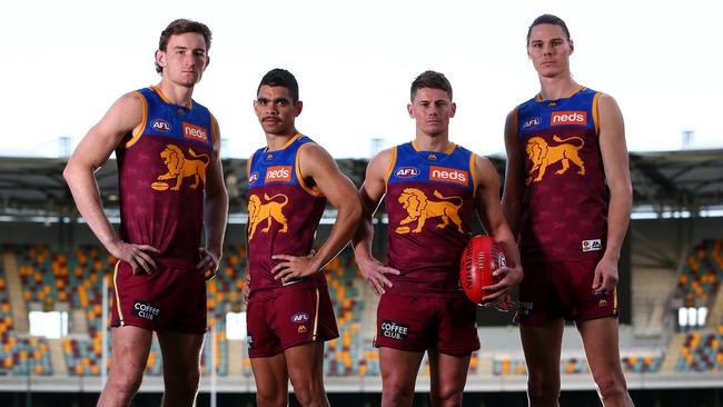 harris Andrews, Charlie Cameron, Dayne Zorko and Eric Hipwood at the Gabba. Picture: Adam Heam