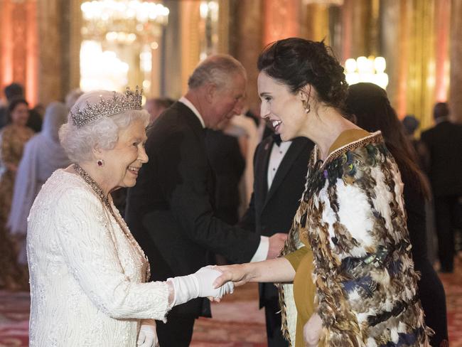 New Zealand PM, Jacinda Ardern, wearing a traditional Maori cloak, meeting Queen Elizabeth at CHOGM in London this month. Picture: Getty Images