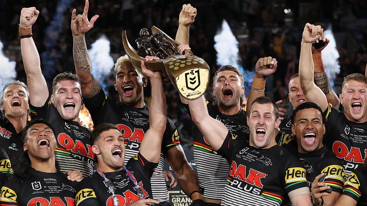 The Panthers celebrate with the NRL Premiership Trophy after victory in the 2022 NRL Grand Final match between the Penrith Panthers and the Parramatta Eels at Accor Stadium on October 02, 2022, in Sydney, Australia. (Photo by Cameron Spencer/Getty Images)