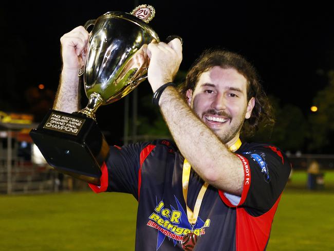 Leichhardt's Josh Mulla celebrates winning the FQPL men's grand final match, beating the Mareeba Bulls 2-1 at Endeavour Park. Picture: Brendan Radke