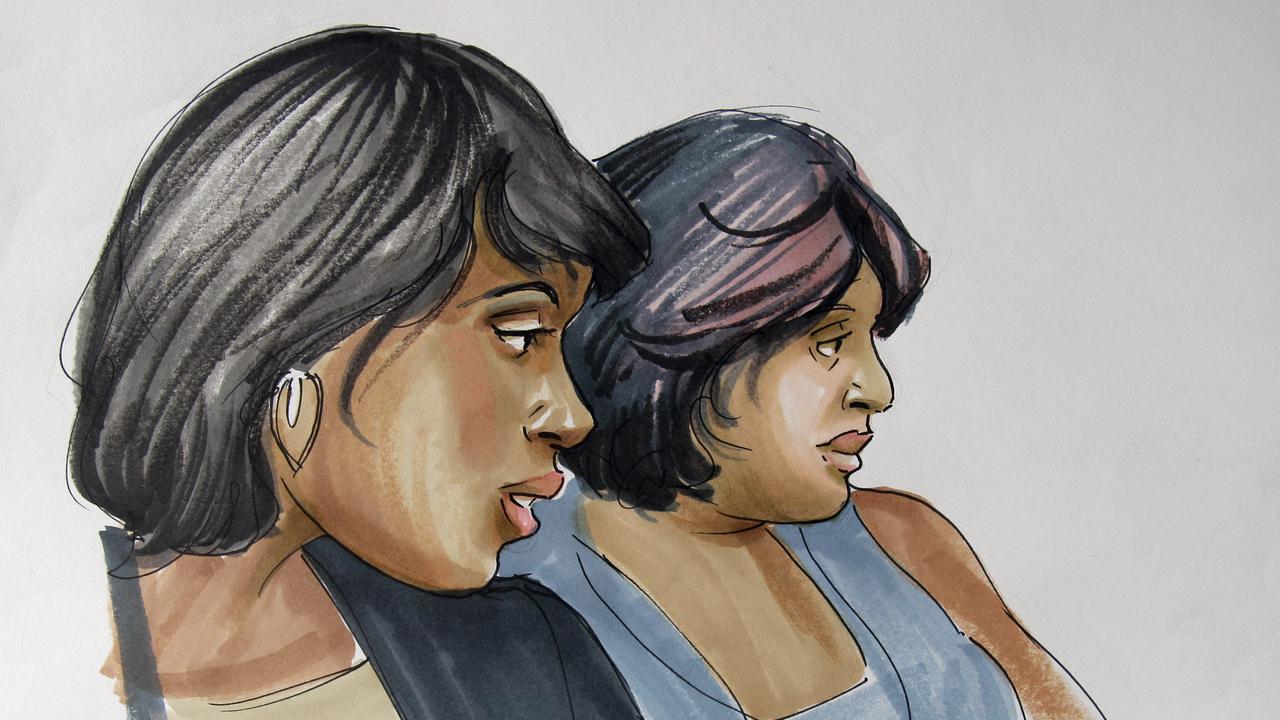 In this courtroom sketch, singer and actor Jennifer Hudson (left) sits with her sister Julia during the murder trial. Picture: AP