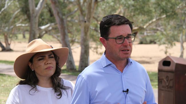 Nationals leader David Littleproud speaking with CLP NT senator Jacinta Nampijinpa Price. Picture: Gera Kazakov