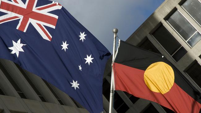 Australia's two flags - British and aboriginal - flying together in downtown Melbourne. Indigenous. iStock picture