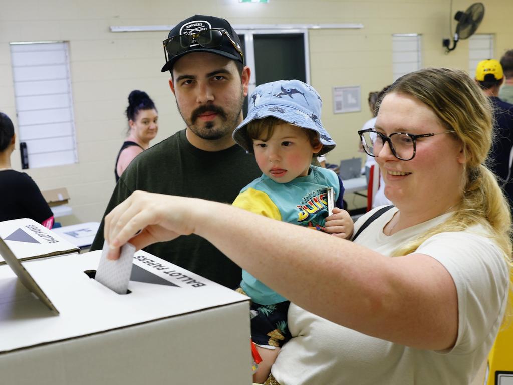 Kyle Domenighini and Ann-Elise Domenighini cast their vote in Cairns. Picture: Brendan Radke