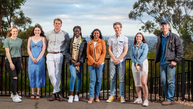 Macie Roberts 18, Madeline Ryan 18, Kaine Baldwin 18, Awur Deng 17, Kimberlyn Selvan 17, Sam Nitschke 17, Tilly Thomas 18 and Toby Judd 17, at Windy Point on January 4, 2021. Picture Matt TURNER.