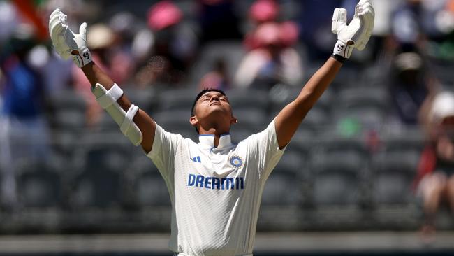 Yashasvi Jaiswal celebrates reaching his century on Sunday in Perth. Picture: Getty Images