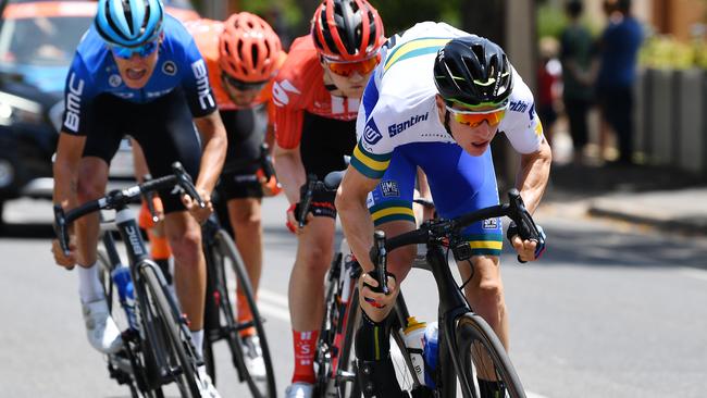 UniSA rider Jarrad Drizners sprints during the Tour Down Under at Tanunda in 2020. Picture: David Mariuz