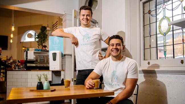 Co-founders Edward Juers and Peter Paleologos of new business, a monthly hand sanitiser service called Handie. Picture: Morgan Sette