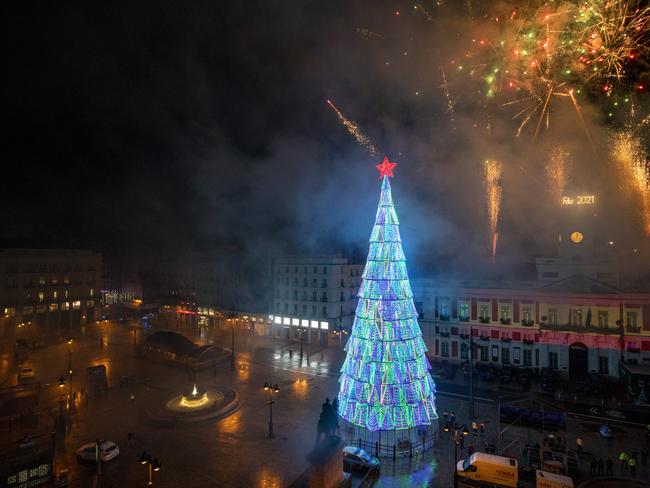 A fireworks display is seen over Puerta del Sol Square on New Year's Eve during the coronavirus pandemic in Madrid, Spain. Picture: Getty