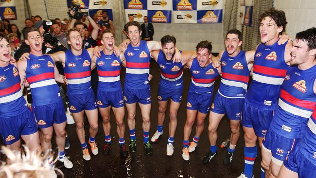 The Western Bulldogs sing the song after beating Gold Coast. Picture: Brendan Radke.