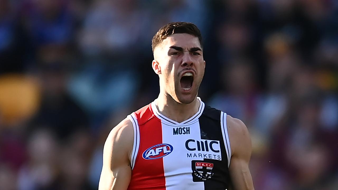 BRISBANE, AUSTRALIA – AUGUST 26: Jade Gresham of the Saints celebrates kicking a goal during the round 24 AFL match between the Brisbane Lions and St Kilda Saints at The Gabba, on August 26, 2023, in Brisbane, Australia. (Photo by Albert Perez/AFL Photos via Getty Images)