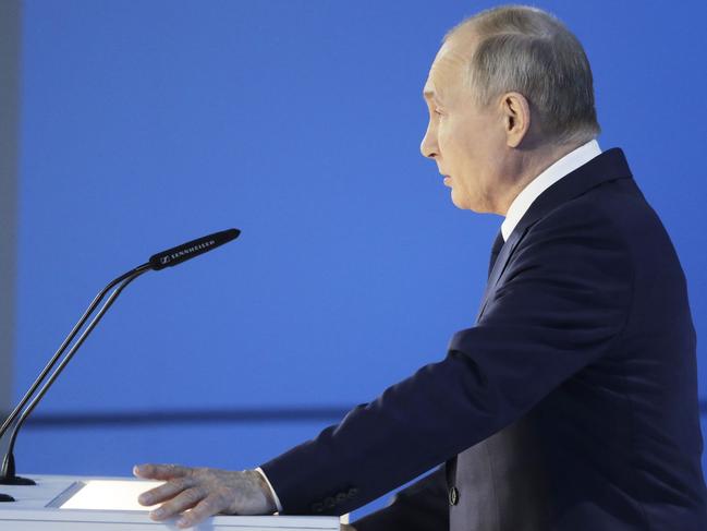 ladimir Putin delivers his annual state of the nation address at The Federal Assembly at The Manezh Exhibition Hall in Moscow on Wednesday. Picture: AFP