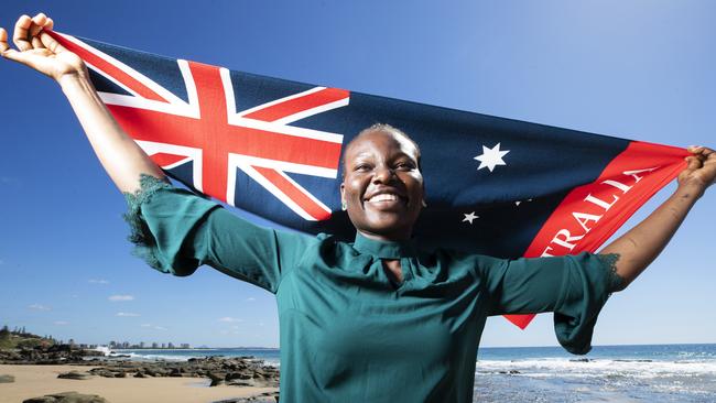 Inspirational Sunshine Coast Lighting Netballer Peace Proscovia on the beach at Mooloolaba. Photo Lachie Millard