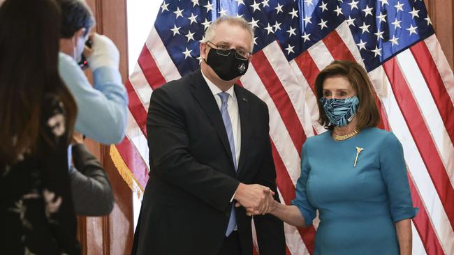 Scott Morrison and House Speaker Nancy Pelosi. Picture: Getty Images/AFP