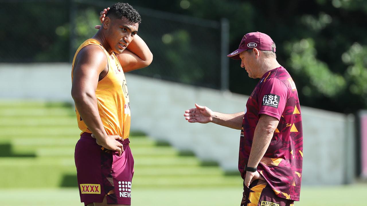 Tevita Pangai Jnr talks to Broncos coach Kevin Walters at training. Picture: Liam Kidston