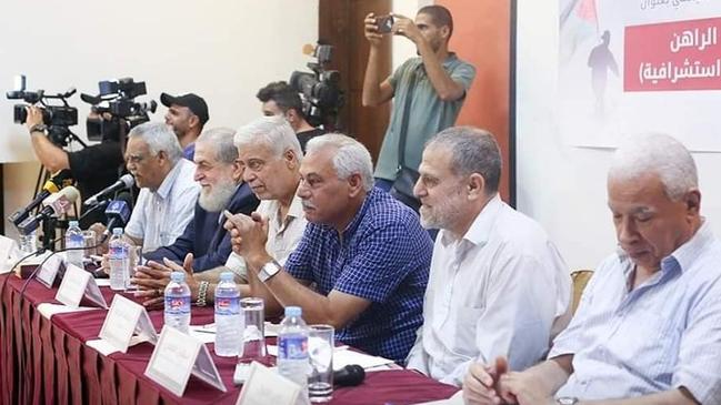 Fayez Elhasani, third from left, hosted a 2019 meeting of Palestinian factions at the Rawasi Institute in Gaza. Picture: Supplied/Facebook