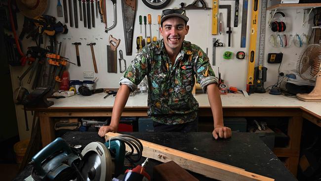 Trade over university ... carpentry apprentice Harry Steptoe in his workshop in Brisbane on Friday. Picture: Lyndon Mechielsen