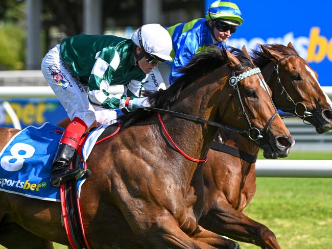 MELBOURNE, AUSTRALIA - NOVEMBER 16: Craig Williams riding Kimochi defeats Jamie Kah riding Another Wil in Race 9, the Sportsbet Sir Rupert Clarke Stakes during Melbourne Racing at Caulfield Racecourse on November 16, 2024 in Melbourne, Australia. (Photo by Vince Caligiuri/Getty Images)