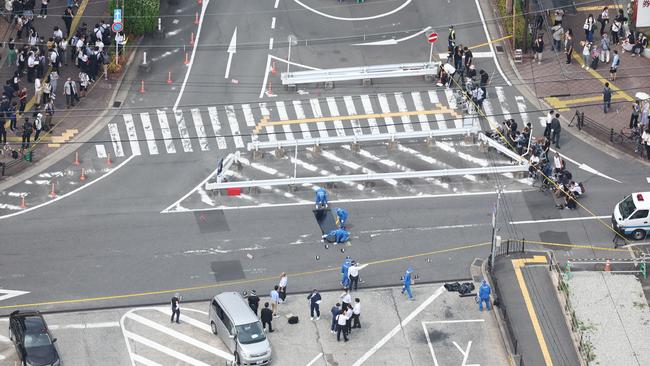 This aerial view taken from a helicopter of the scene at Kintetsu Yamato-Saidaiji Station in Nara. Picture: AFP