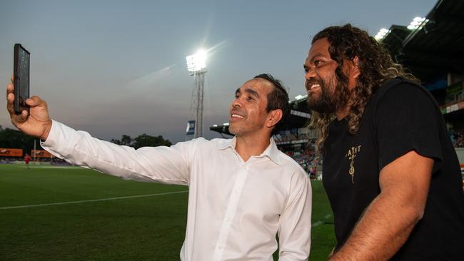 Eddie Betts and Nicholas Williams at the Gold Coast Suns vs Geelong Cats Round 10 AFL match at TIO Stadium. Picture: Pema Tamang Pakhrin