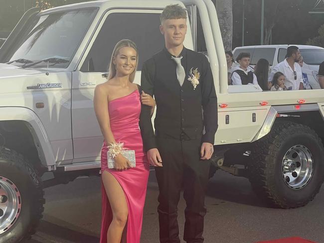 Jasmin Pulman and Tae Scott on the red carpet of the 2023 Xavier College School Formal at the Hervey Bay Boat Club