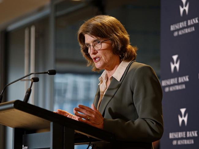 SYDNEY, AUSTRALIA - NewsWire Photos SEPTEMBER 24 , 2024:   Reserve Bank Governor Michele Bullock holding a press conference discussing the Reserve Bank Board's monetary policy decision. Rates will remain the same for now until inflation drops further. Picture: NewsWire / John Appleyard