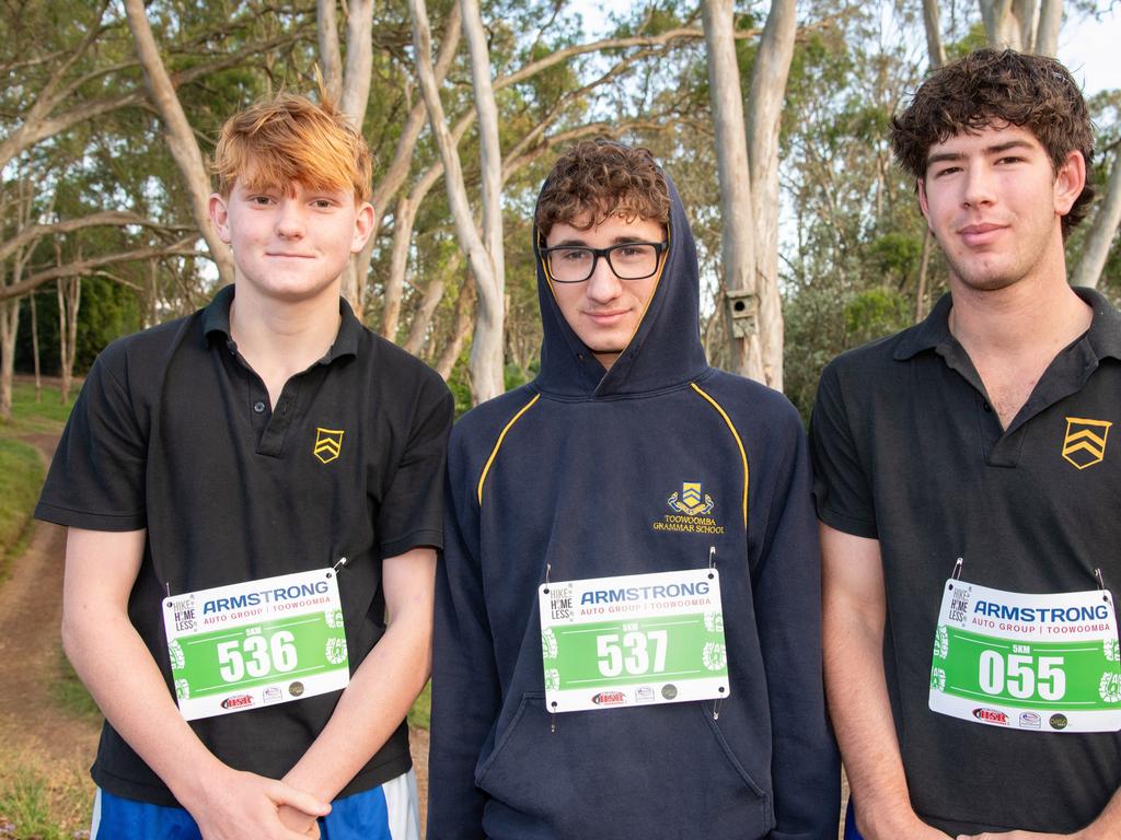 Will McDowall, James Armstrong and Innes Nowlan, three of the large contingent of students from Toowoomba Grammar School who participated in the hike.The Base Services, Hike for Homeless held at Jubilee Park. October 19th, 2024