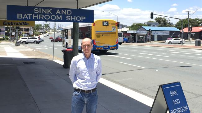 Sink and Bathroom Shop owner Donald Sinclair may not renew his lease next year if the Northern Transitway removes all parking outside his Gympie Road shop at Chermside. Picture: Darren Cartwright