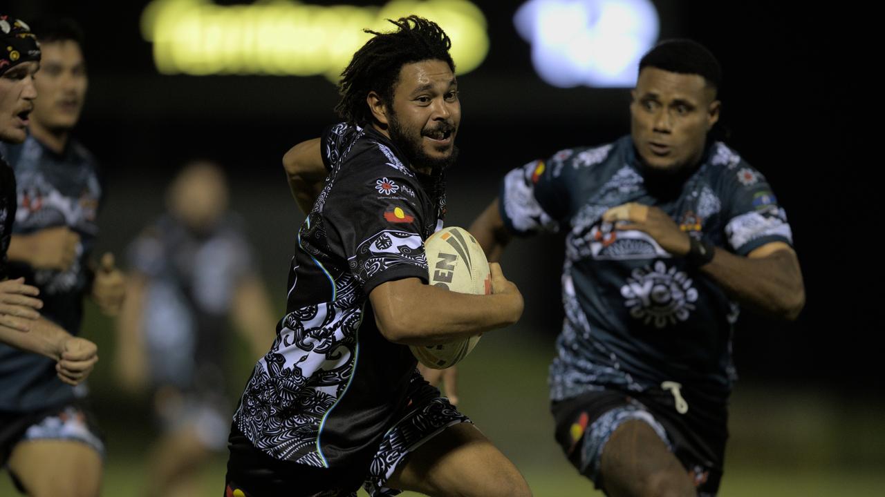 Edward Wosomo playing for the Indigenous All Stars in the 2023 Deadly Cup Carnival men’s match. Picture: Pema Tamang Pakhrin