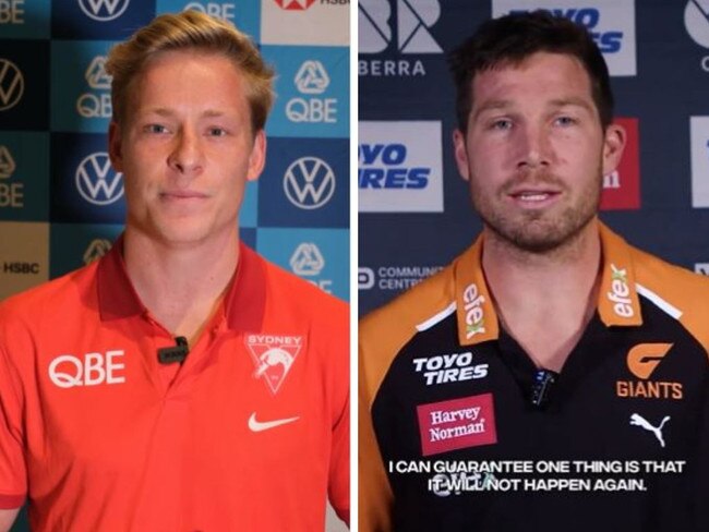 Isaac Heeney and Toby Greene in their respective videos. Photos: Instagram/Twitter