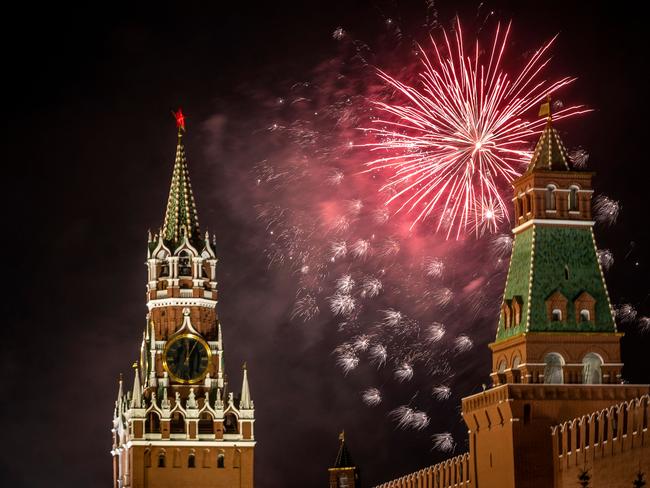 Fireworks explode over the Kremlin in Moscow during New Year celebrations, on January 1, 2020. Picture: AFP