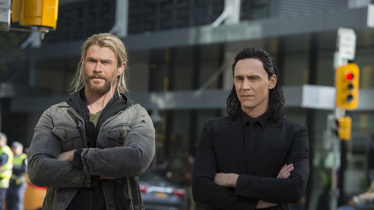 Thor (Chris Hemsworth) and Loki (Tom Hiddleston) in a scene filmed in Brisbane CBD. Picture: Jasin Boland. ©Marvel Studios 2017