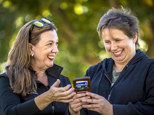 Tammy Tyrrell of the Jacqui Lambie Network speaking to a local in Campbelltown. Picture: Rob Burnett / The Australian