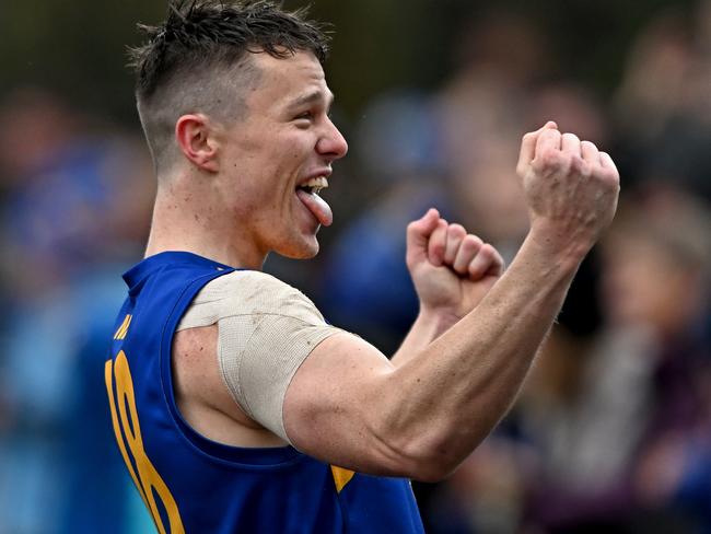 Noble ParkÃs Jack Francis celebrates after winning the EFL Premier Division Grand Final between Rowville and Noble Park in Melbourne, Saturday, Sept. 17, 2022. Picture: Andy Brownbill