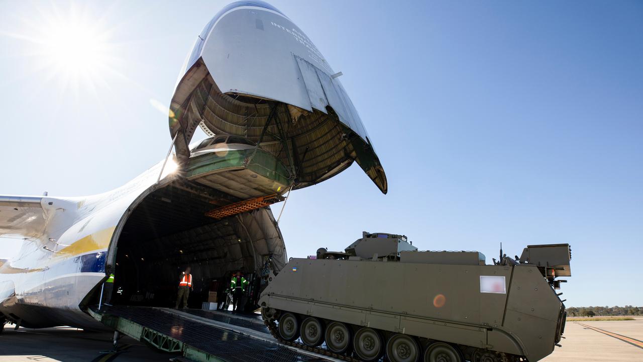 A M113AS4 armoured personnel carrier bound for Ukraine is loaded onto an Antonov An-124 cargo aircraft. Picture: Defence Media