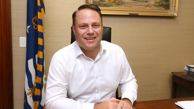 Adrian Schrinner, Lord Mayor of Brisbane, in his office at Brisbane City Hall on the night council election. Photo: Steve Pohlner