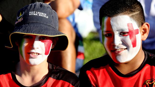 Rugby League World Cup double header. Ireland v Italy and Scotland v Tonga at Barlow Park Cairns. jayce Hudson, 11, and Loranzo Fono, 11. PICTURE: STEWART McLEAN