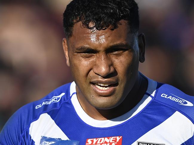 BUNDABERG, AUSTRALIA - JULY 30: Tevita Pangai Junior of the Bulldogs looks on during the round 22 NRL match between Canterbury Bulldogs and Dolphins at Salter Oval on July 30, 2023 in Bundaberg, Australia. (Photo by Ian Hitchcock/Getty Images)